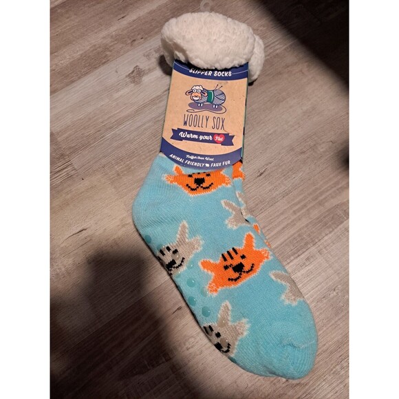 NWT Woolly Sox Slipper Socks Non-Slip Warm Faux Fur Orange Gray Cats One Size - Picture 1 of 2